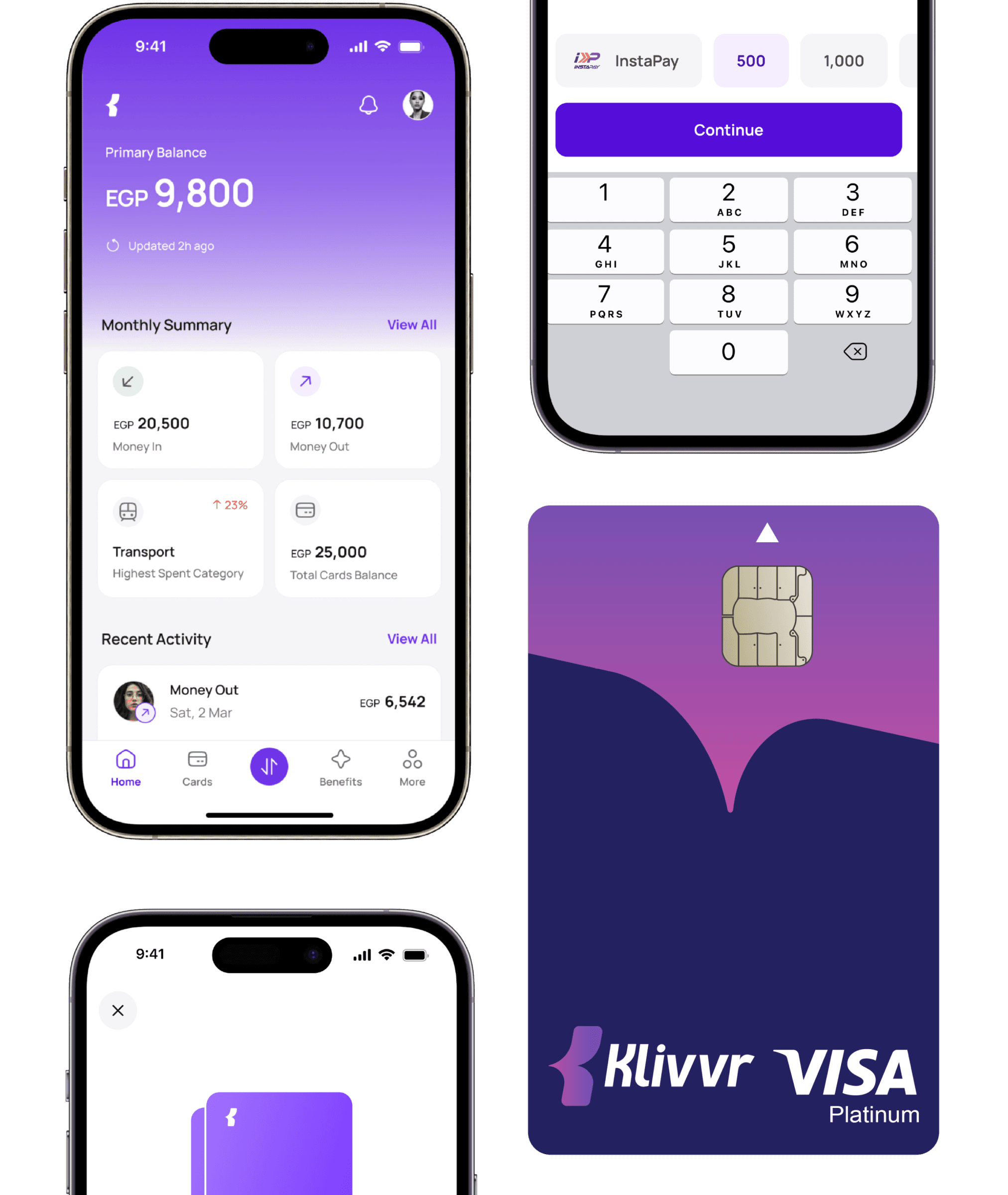 Klivvr app home page highlighting a monthly summary and recent activities next to an image of Klivvr's pre-paid card