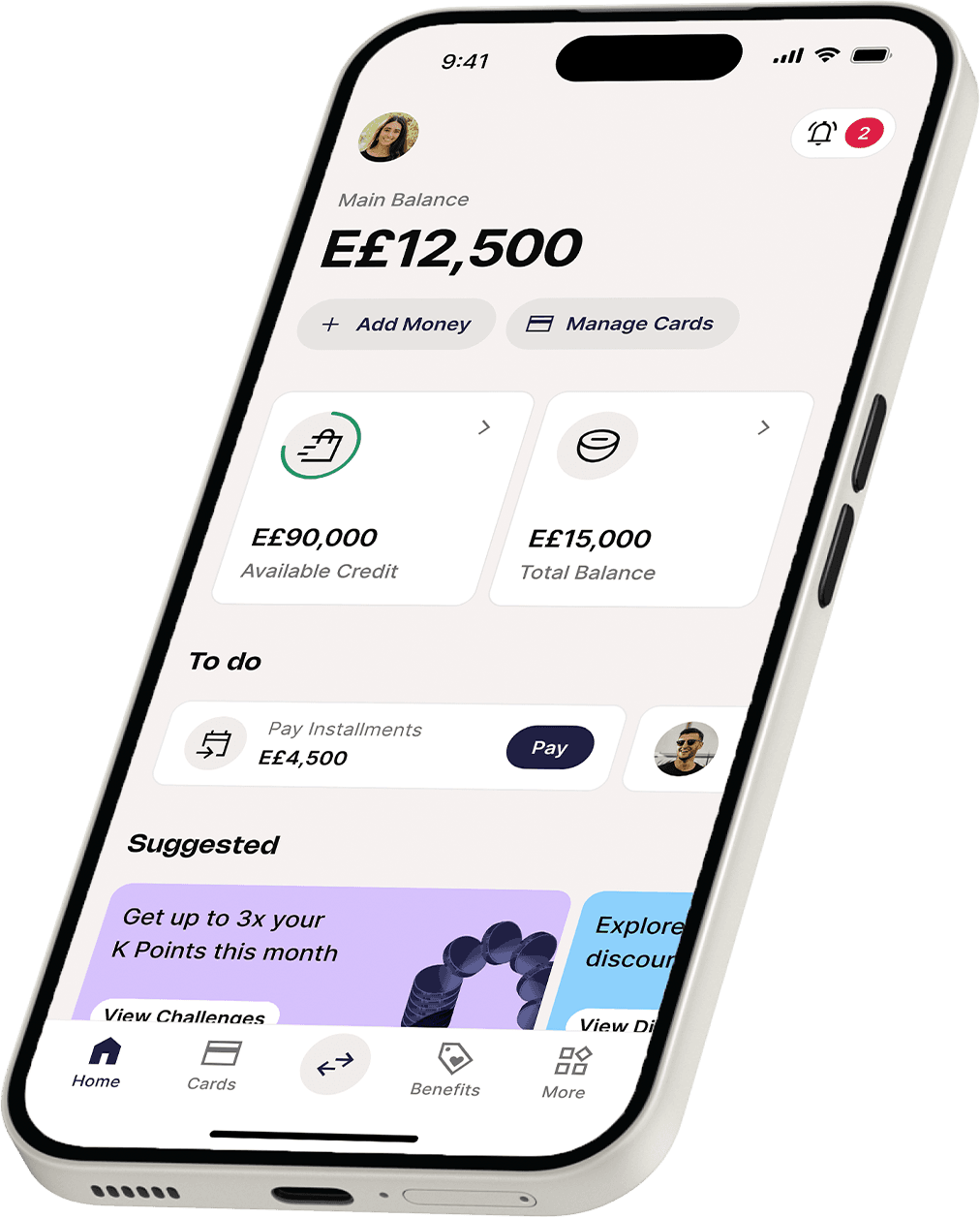 Klivvr app home page highlighting a monthly summary and recent activities next to an image of Klivvr's pre-paid card